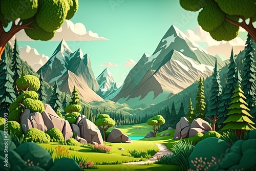 cartoon illustration, landscape, mountains, trees, ai generative