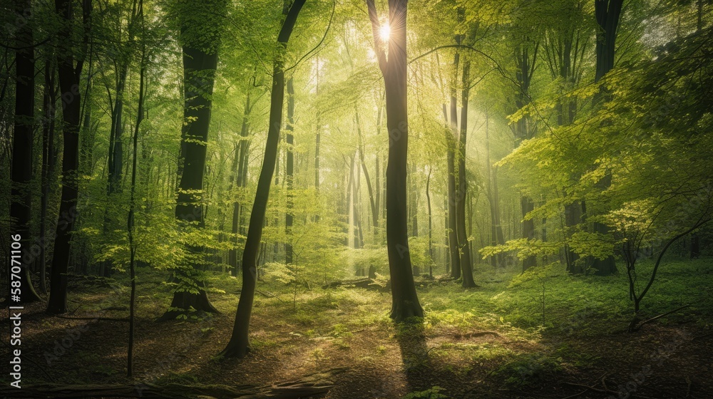 Naklejka premium Scenic forest of fresh green deciduous trees framed by leaves, with the sun casting its warm rays through the foliage, generative ai