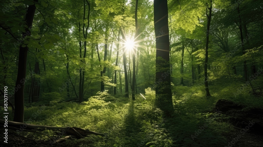 Scenic forest of fresh green deciduous trees framed by leaves, with the sun casting its warm rays through the foliage, generative ai
