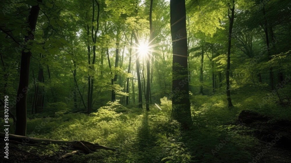 Fototapeta premium Scenic forest of fresh green deciduous trees framed by leaves, with the sun casting its warm rays through the foliage, generative ai