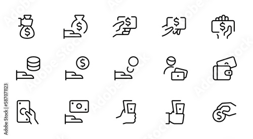 Cash, Money, Banking, Wallet and Coins icons. Currency exchange and Cashback money service. Euro and Dollar, Cash wallet, exchange. Banking credit card, atm payment. Vector 