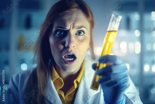 A shocked and surprised female medical scientist watching a discovery in a test tube with yellow liquid in a hospital laboratory with copy space, generative ai photo