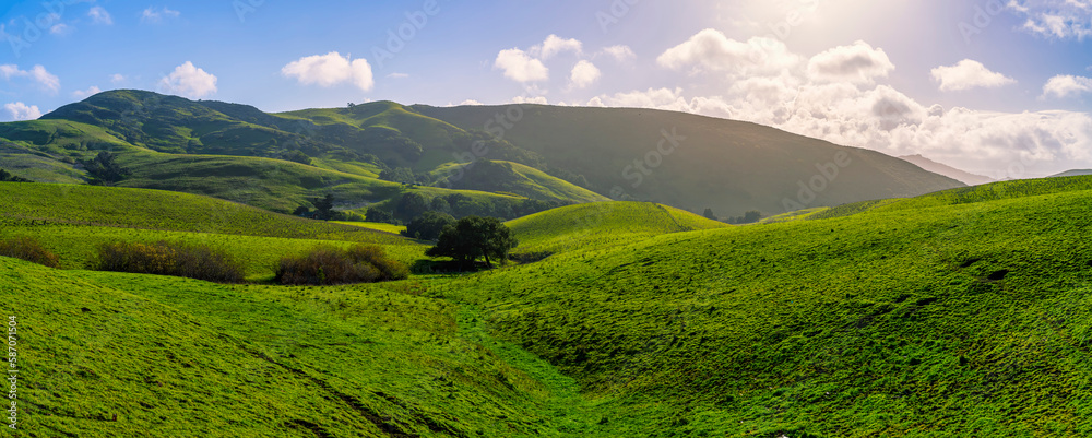 Green landscape photograph of hills in Spring