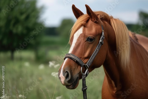Ginger colt on grass. Generative AI