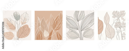 Minimal and natural wall art. Botanical wall art vector set. Leaf line art drawing with abstract shape. Abstract Plant Art design for print, cover, wallpaper. Vector illustration.