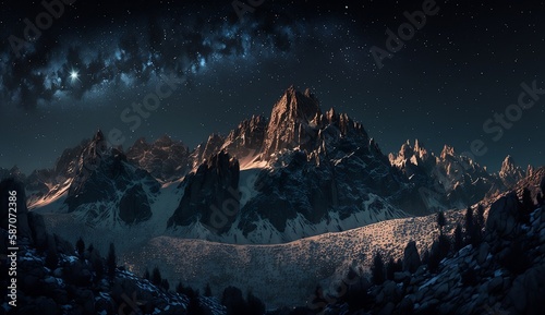 Verschneite Berge und Gebirge bei Nacht mit Sternen