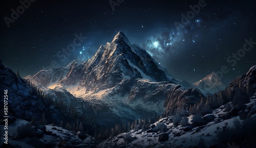 Verschneite Berge und Gebirge bei Nacht mit Sternen