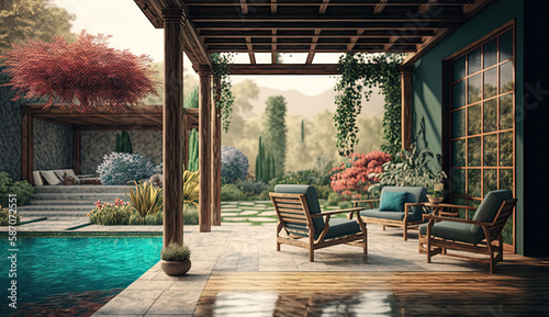 Outdoor interior living room in the garden with couch  cushions and seats  minimal concepts  open outside space zone for activities  backyard scene  Modern design background with Generative AI.