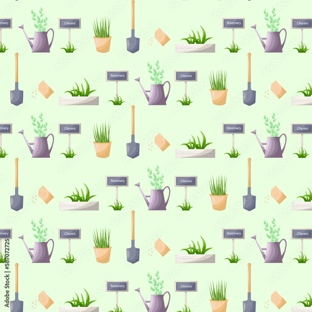 Seamless pattern. Gardening and farming tools shovel, watering can, signboard. Growing potted plants, seedling. Vector clip art illustration isolated on white background
