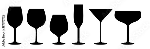 Set of glass goblets for wine and drinks. Cup for alcohol drink, champagne, cocktail and liquor. Symbol of restaurant. Isolated on white background. Vector illustration