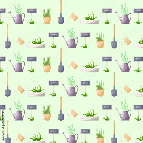 Seamless pattern. Gardening and farming tools shovel, watering can, signboard. Growing potted plants, seedling. Vector clip art illustration isolated on white background