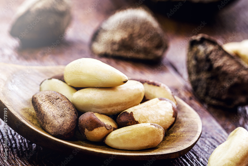 Obraz premium Brazil nut, macro photo, closeup. Acre chestnut in wooden spoon, typical of the Amazon rainforest, exotic culinary ingredient
