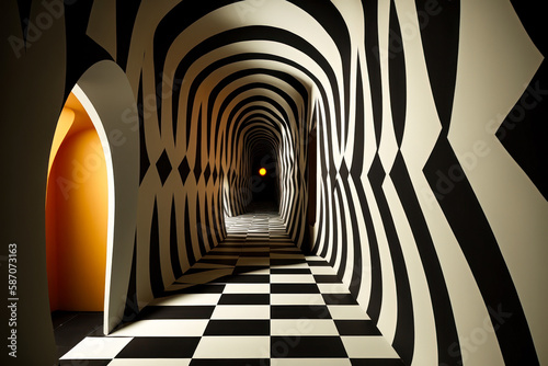 Hypnotic corridor in black and white tiles. A mysterious black and white striped tunnel with a light at the top. Generative AI