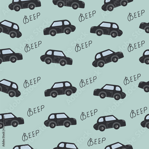 Cartoon Transportation Background for Kids. Vector Seamless Pattern with doodle Toy Cars and Traffic signs