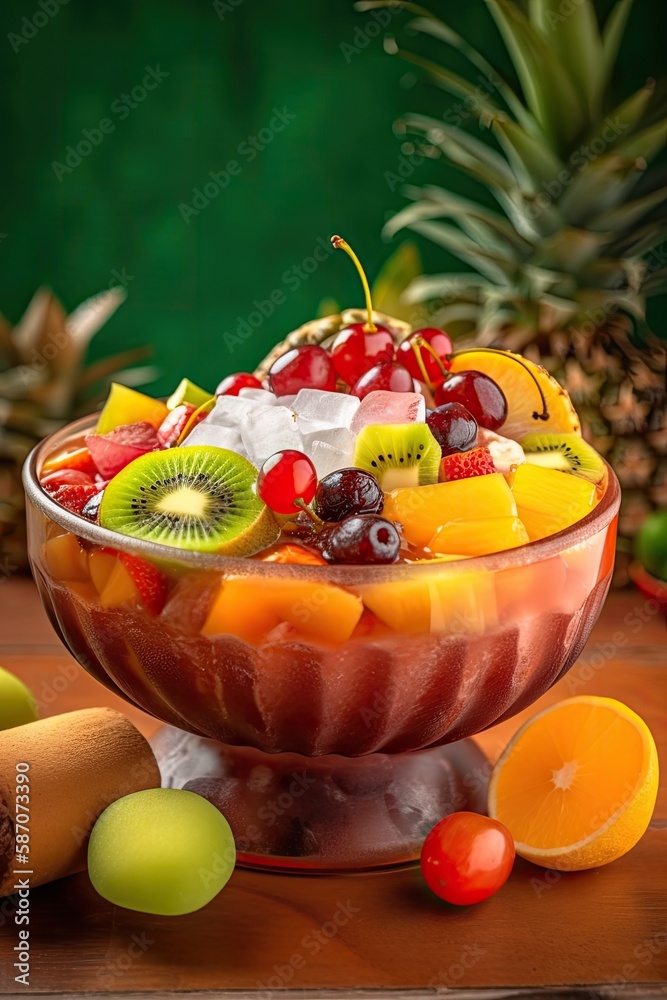 Variety of fruits cocktail with nata de coco. Generative AI Stock