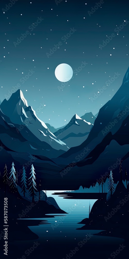 Fototapeta premium Flat 2d illustration of a mountain landscape. Panoramic view. Ai generative art.
