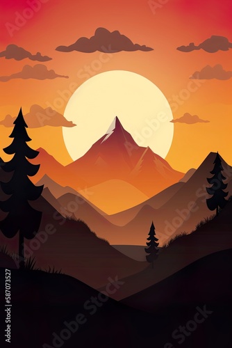 Flat 2d illustration of a mountain landscape. Panoramic view. Ai generative art.