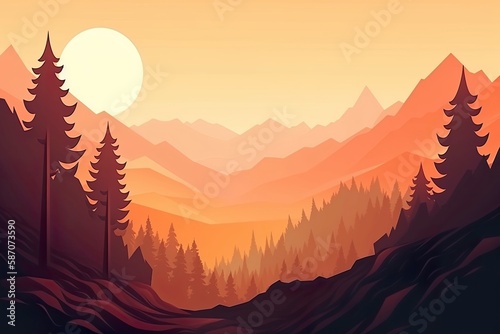 Flat 2d illustration of a mountain landscape. Panoramic view. Ai generative art. © W&S Stock