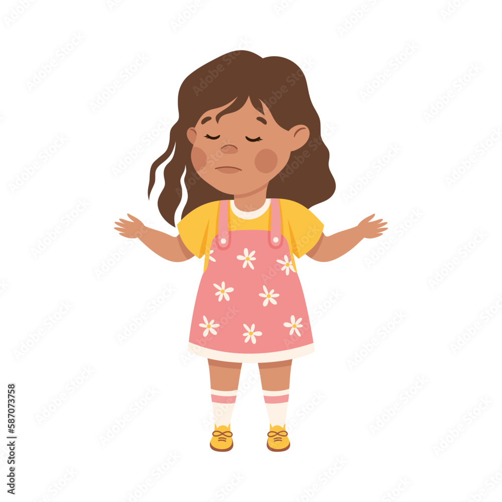 Cute happy little girl with disappointed face expression. Brunette girl dressed yellow t-shirt and pink sundress standing with her arms outstretched to sides cartoon vector illustration Cute happy little girl with disappointed face expression. Brunette girl dressed yellow t-shirt and pink sundress standing with her arms outstretched to sides cartoon vector illustration