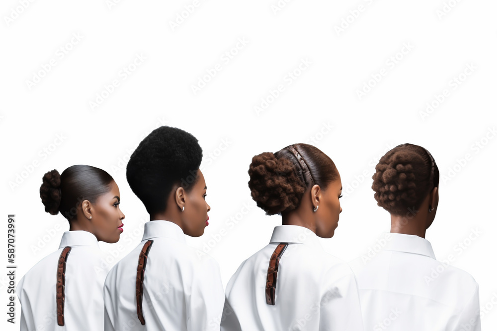 Close-up portrait of a group of African American women with various hairstyles, haircut, and hair color - copy space, isolated, white background, not based on a real person, Generative AI Close-up portrait of a group of African American women with various hairstyles, haircut, and hair color - copy space, isolated, white background, not based on a real person, Generative AI