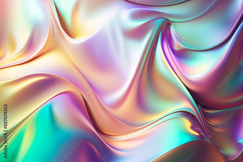 Fototapeta premium Pastel colored holographic Crumpled iridescent foil real texture background. Generative ai