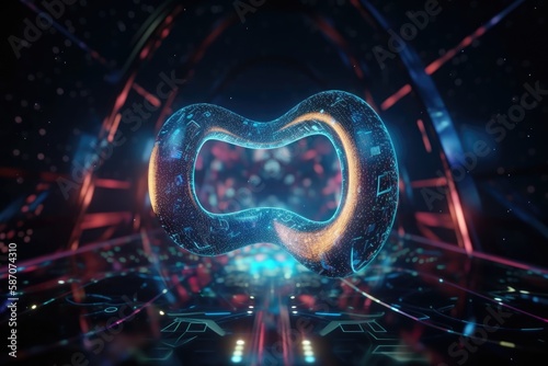 Virtual reality infinity symbol, abstract loop sign element, and global network technology system are held in the on a background of cutting edge digital communication. Generative AI