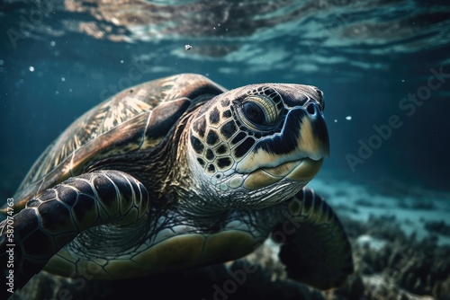 The sea turtle swims in the ocean. Closeup of a large green sea turtle. tropical coral reef wildlife. Tortoise in the ocean. tropical marine ecosystem. Blue water with a large turtle. Photo of an unde