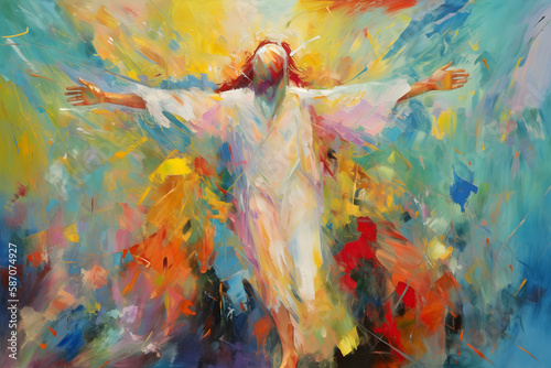 Resurrection and ascension of Christ to heaven, abstract oil painting style, ai generative photo