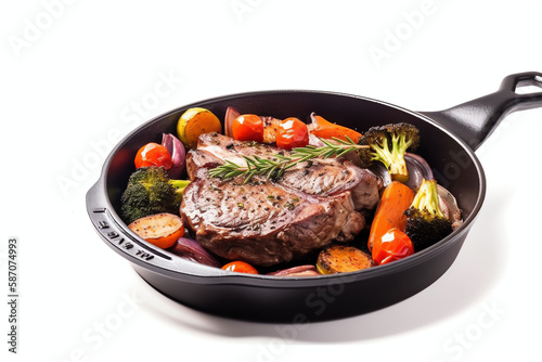 American food concept. Grilled beef steak with grilled vegetables, with carrots, cherry tomatoes, broccoli, in a cast iron pan. copy space, vintage white background, free space for text. AI Generated