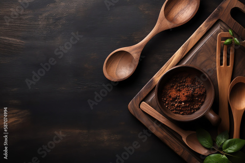 Abstract food background. Top view of dark rustic kitchen table with wooden cutting board and cooking spoon, frame. Banner or template with copy space for your design. Kitchen objects. AI Generated 