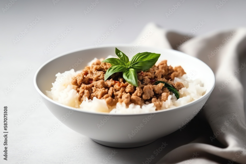 Except in the middle mockup Rice topped with stir-fried, white plate, AI Generated. Except in the middle mockup Rice topped with stir-fried, white plate, AI Generated.