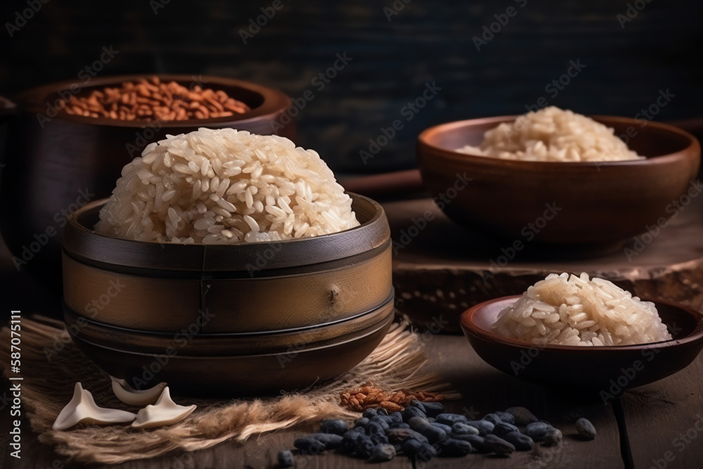 Glutinous rice Sticky rice isolated Mockup with vintage black ...