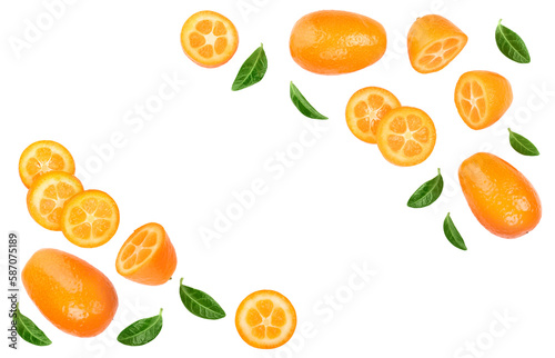 Cumquat or kumquat with slices isolated on white background with copy space for your text. Top view. Flat lay