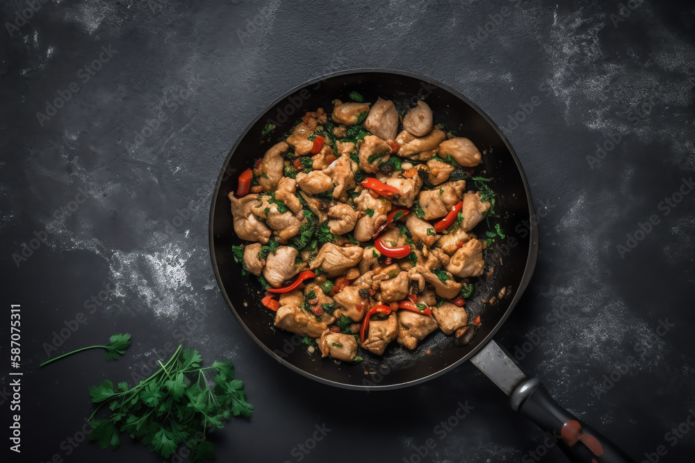 Top view Pork stir-fried with garlic and peppercorns mockup, On grey black background. AI Generated. Top view Pork stir-fried with garlic and peppercorns mockup, On grey black background. AI Generated.