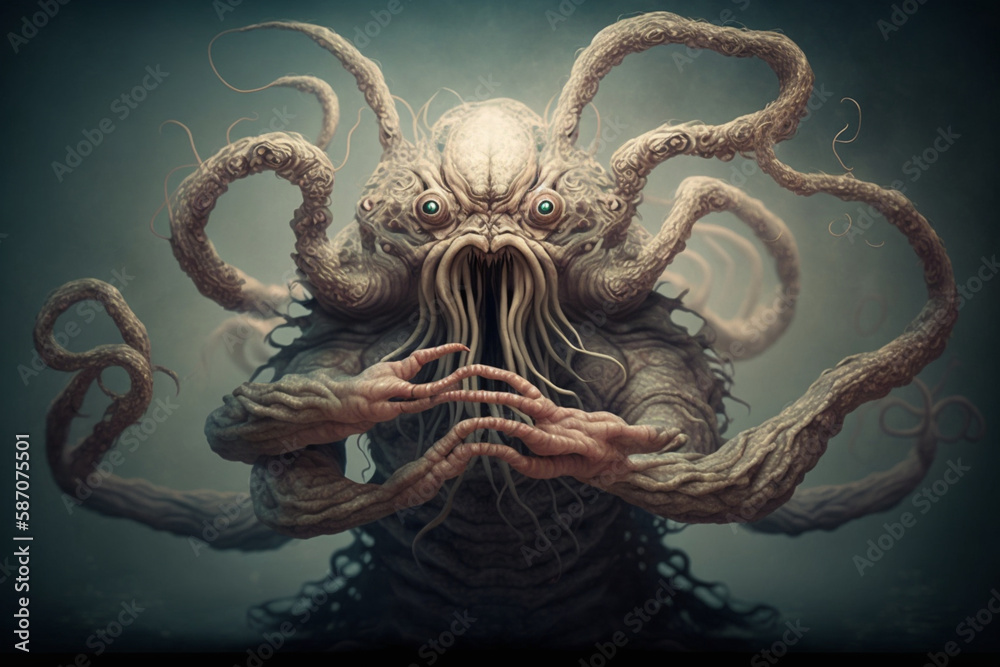Obraz premium Portrait of a fat ugly pale alien monster. Fantastic creature with multiple tentacles, generative AI illustration