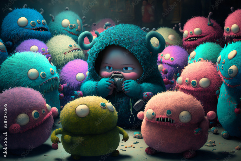 A scene from an alien monster kindergarten. A group of colorful baby monsters gathered around an adult alien monster, A scene from an alien monster kindergarten. A group of colorful baby monsters gathered around an adult alien monster,