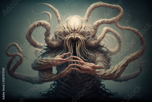 Portrait of a fat ugly pale alien monster. Fantastic creature with multiple tentacles, generative AI illustration