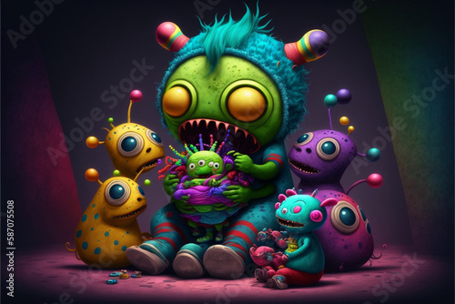 Cute little baby alien monsters working and crafting. Colorful monster aliens children in a workshop. Generative AI illustrations © Madrugada Verde