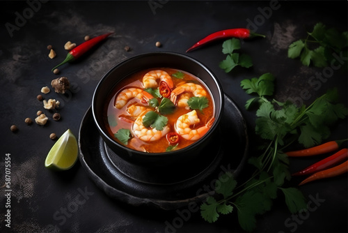 Tom Yam kung Spicy Thai soup with shrimp in a black bowl, On grey black background. AI Generated.