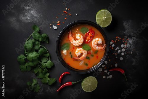 Tom Yam kung Spicy Thai soup with shrimp in a black bowl, On grey black background. AI Generated.