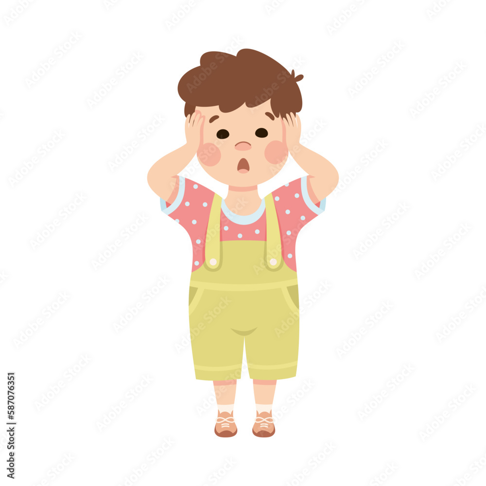 Cute surprised shoked little boy with hands on head. Brown haired boy dressed jumpsuit cartoon vector illustration
