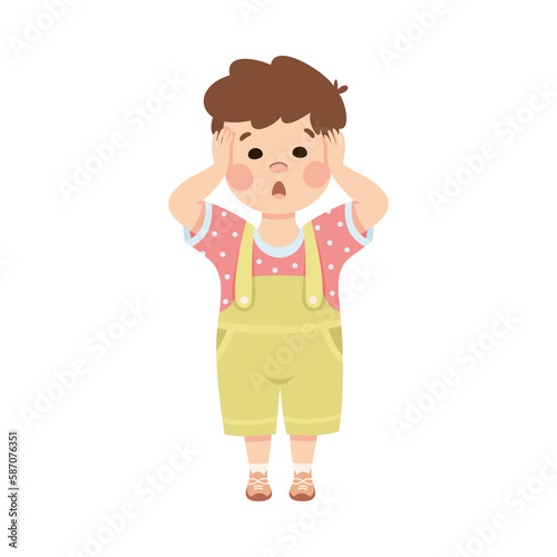 Cute surprised shoked little boy with hands on head. Brown haired boy dressed jumpsuit cartoon vector illustration