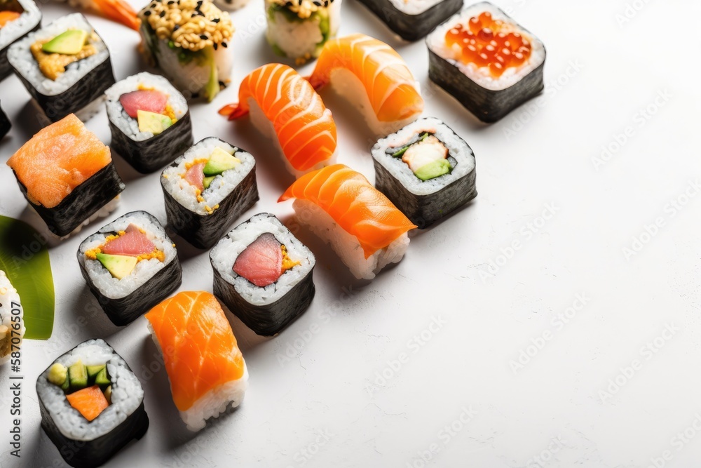 Set against a white background, sushi and sushi rolls. Generative AI