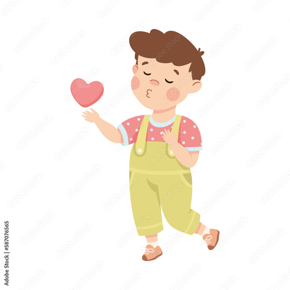 Cute loving little boy with pink heart. Brown haired boy dressed jumpsuit giving kiss cartoon vector illustration Cute loving little boy with pink heart. Brown haired boy dressed jumpsuit giving kiss cartoon vector illustration