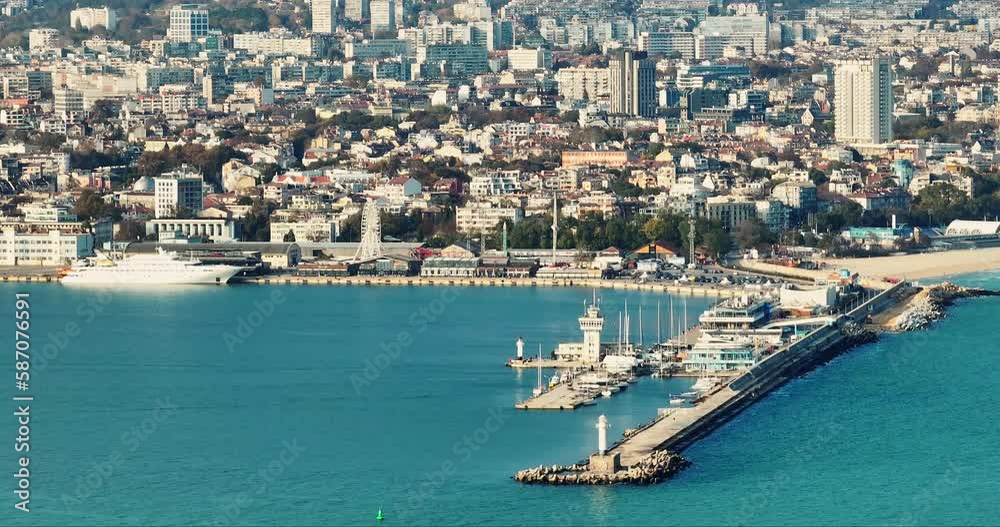 Varna, Bulgaria Aerial view of sea city panorama of port, pier for residents of city. Zoom Varna, Bulgaria Aerial view of sea city panorama of port, pier for residents of city. Zoom