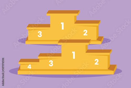 Graphic flat design drawing stylized podium winner with number logotype. Pedestal or platform for champions. Stage for awards ceremony event, competition, tournament. Cartoon style vector illustration
