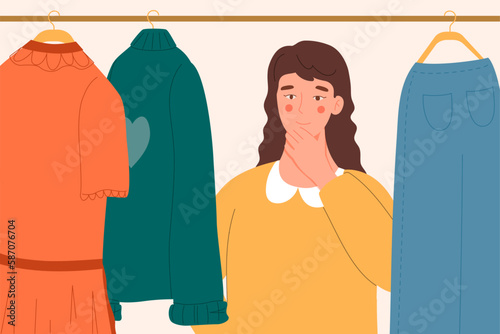 Choice of clothes. Woman in wardrobe chooses between red and green sweaters and jeans. Fashion and style. Confused adorable young girl deciding what to wear. Cartoon flat vector illustration