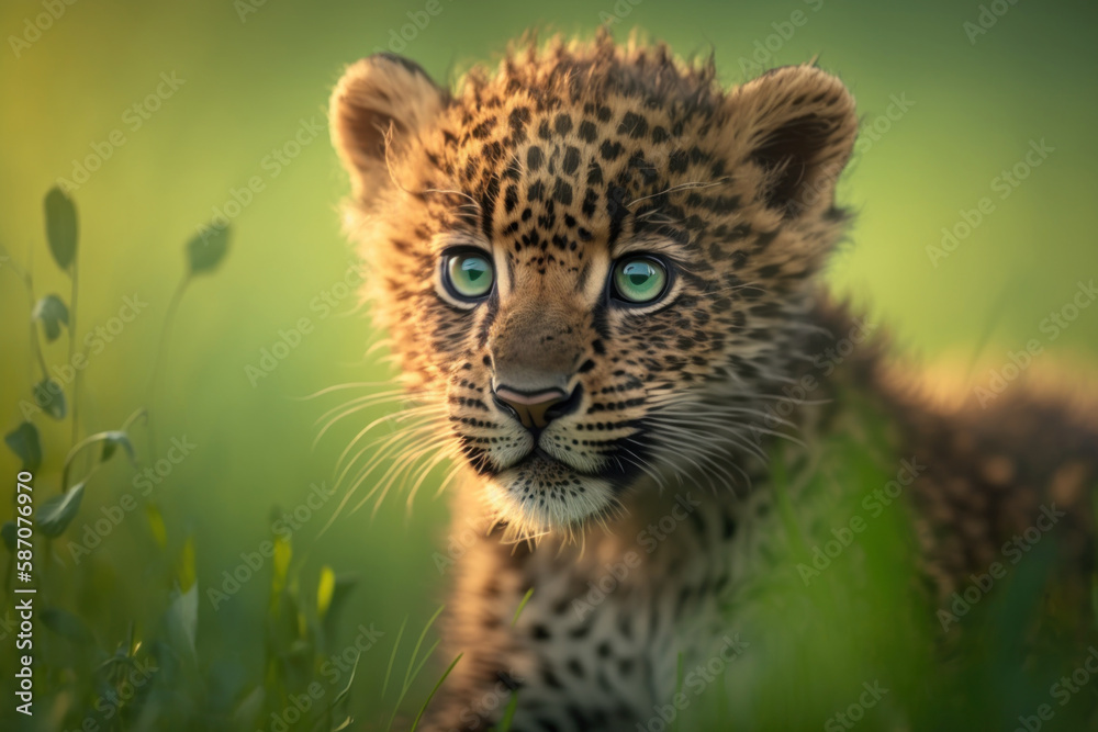 Fototapeta premium Baby leopard in spring green grass with flowers. Generative AI