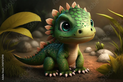 Cute adorable baby dinosaur, fantasy style of children. Generative AI © Uliana