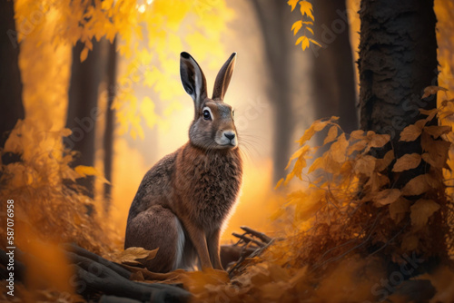 Close wild hare in nature habitat. Generative AI photo
